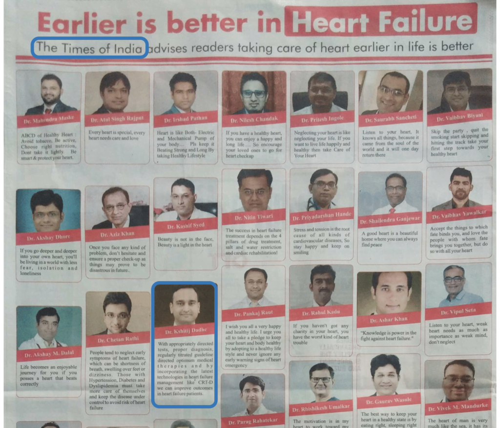 Article on Heart Failure in Times of India on 05.02.2023